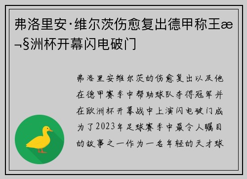 弗洛里安·维尔茨伤愈复出德甲称王欧洲杯开幕闪电破门 弗洛里安·维尔茨伤愈复出德甲称王欧洲杯开幕闪电破门